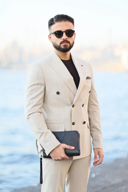 Beige Double Breasted Suit Pinstripe