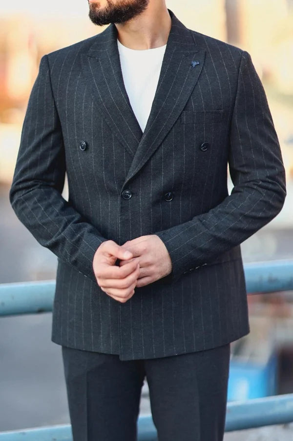 Navy Blue Double Breasted Suit Pinstripe