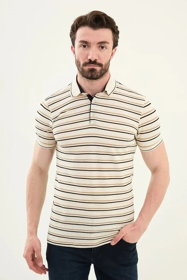 Marina Mens Striped Polo Shirt Beige
