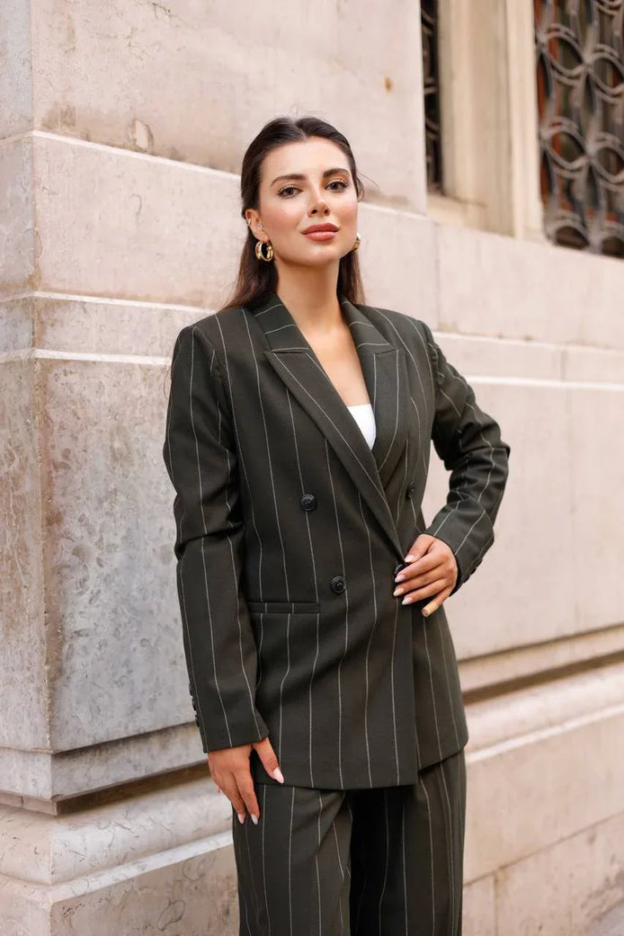 Khaki Pinstripe Double Breasted Suit Women