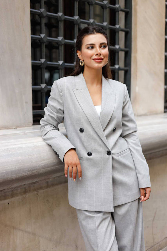 Light Gray Pinstripe Double Breasted Suit Women