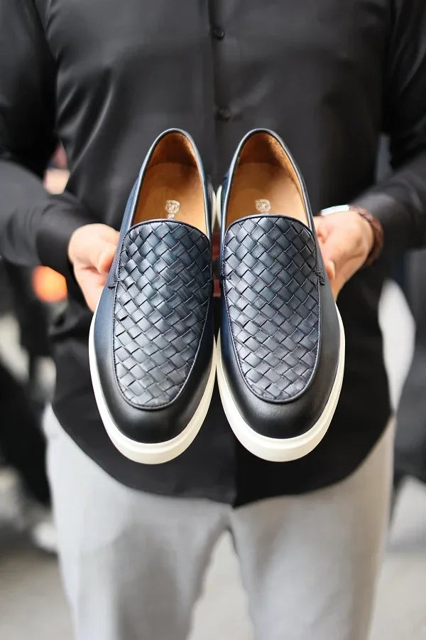 Buy Men's Woven Pattern Navy Blue Loafers – GENT WITH