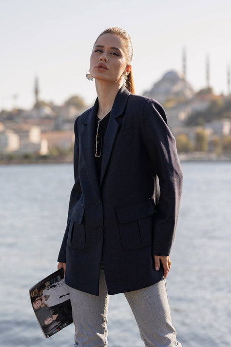 Navy Blue Wool Blazer for Women