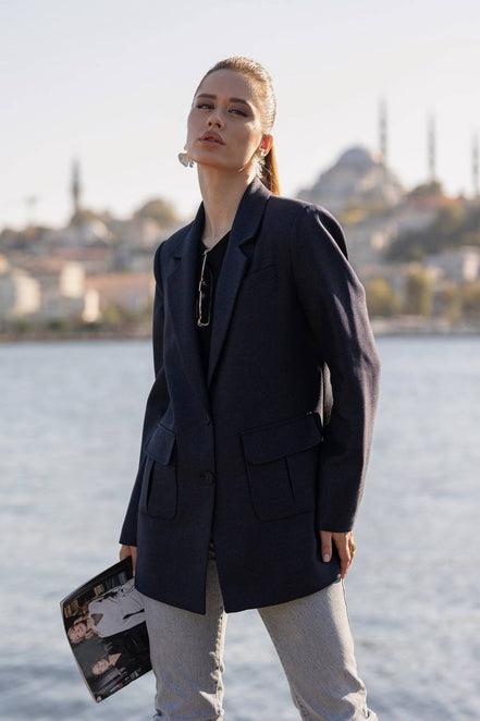 Navy Blue Wool Blazer for Women