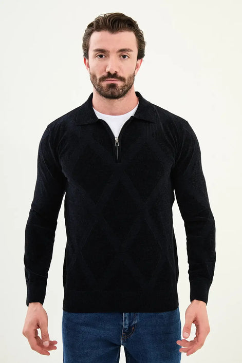 Navy Blue Cross Pattern Men's Quarter Zip Sweater