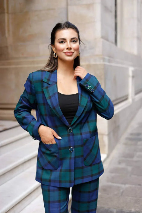 Navy Blue Plaid Suit Women