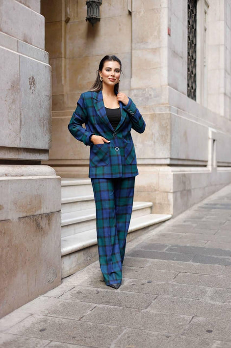 Navy Blue Plaid Suit Women