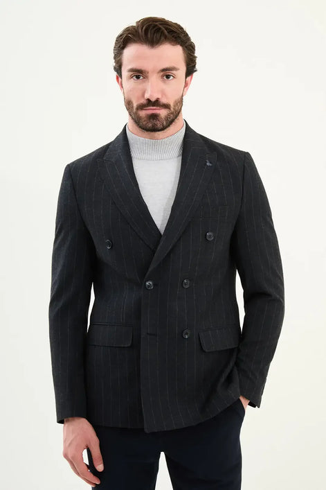 Wool Double Breasted Pinstripe Blazer Navy