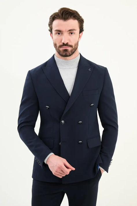 Wool Men Double Breasted Blazer Navy