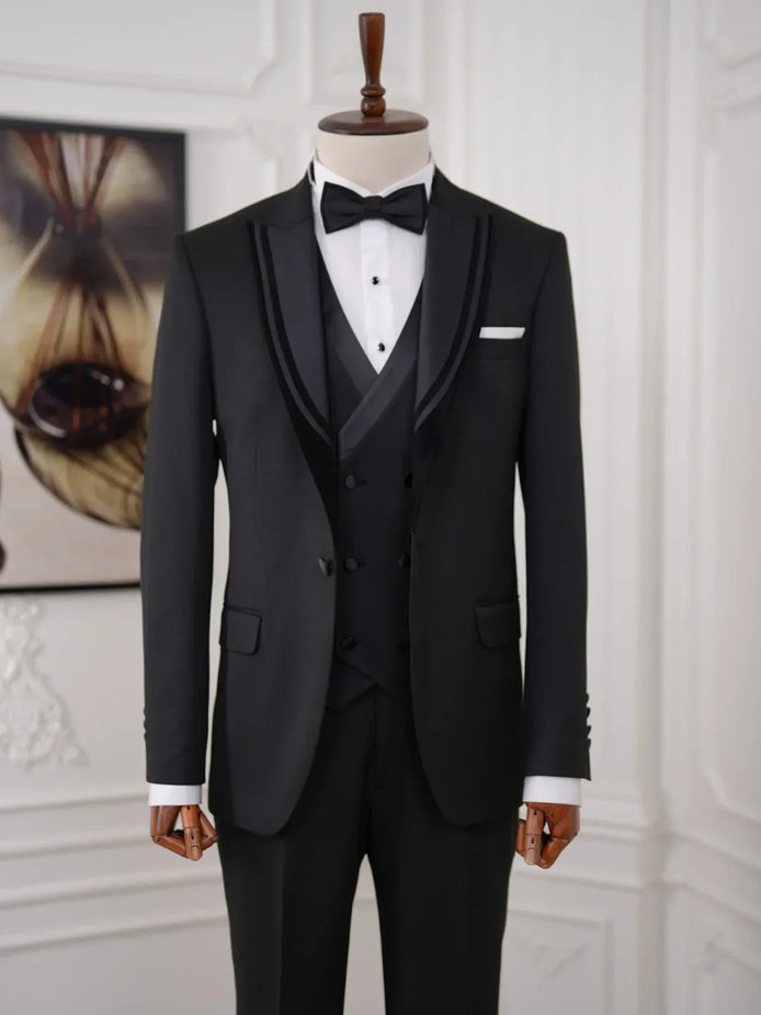 Slim Fit Velvet Peak Lapel All Black Tuxedo