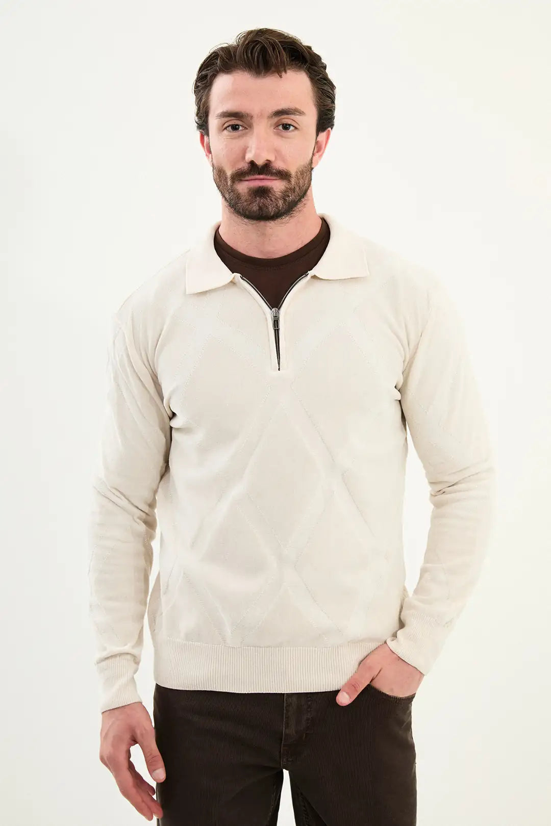 Off White Cross Pattern Men's Quarter Zip Sweater
