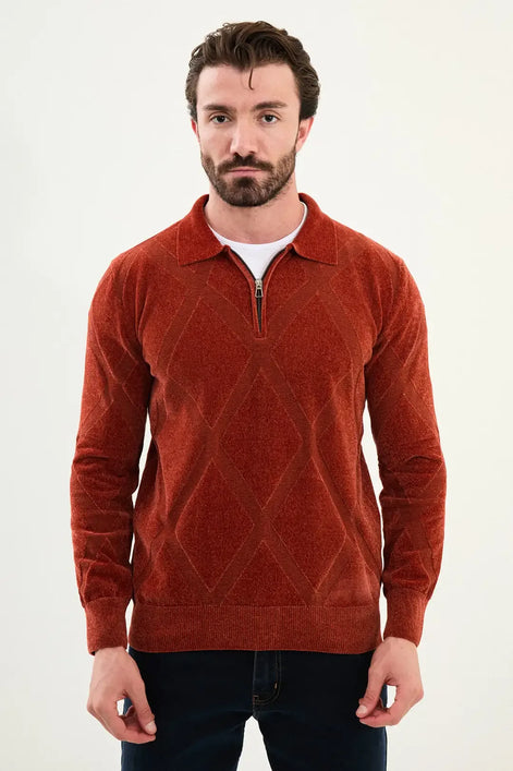 Orange Cross Pattern Men's Quarter Zip Sweater