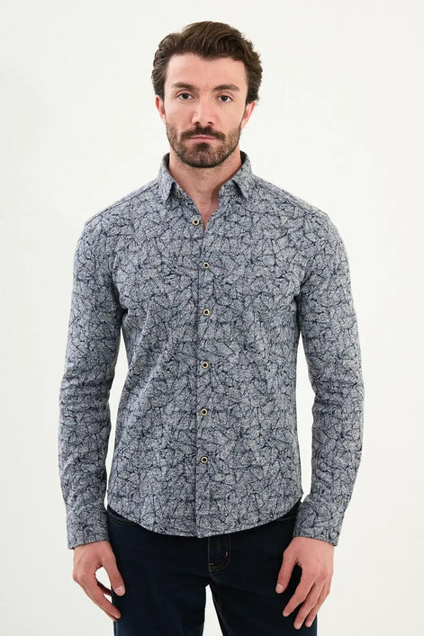 Patterned Wool Shirt Navy Blue