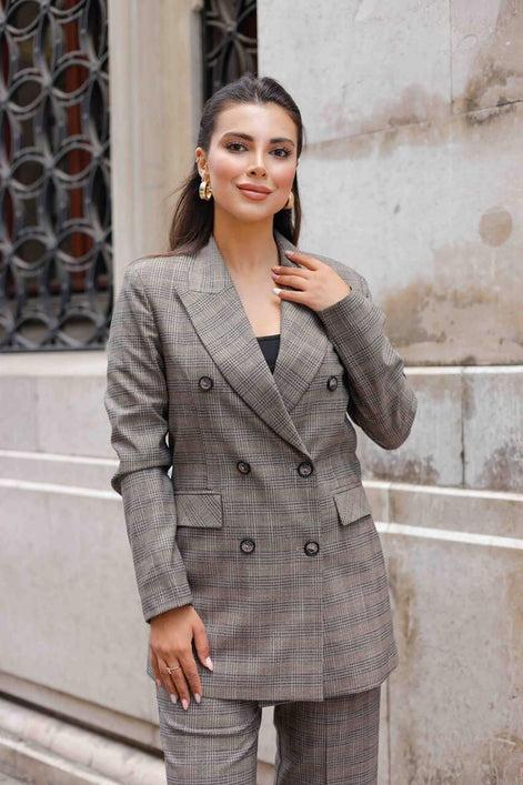 Plaid Brown Double Breasted Suit Women