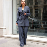 Plaid Navy Blue Double Breasted Suit Women