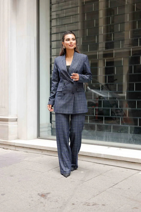 Plaid Navy Blue Double Breasted Suit Women