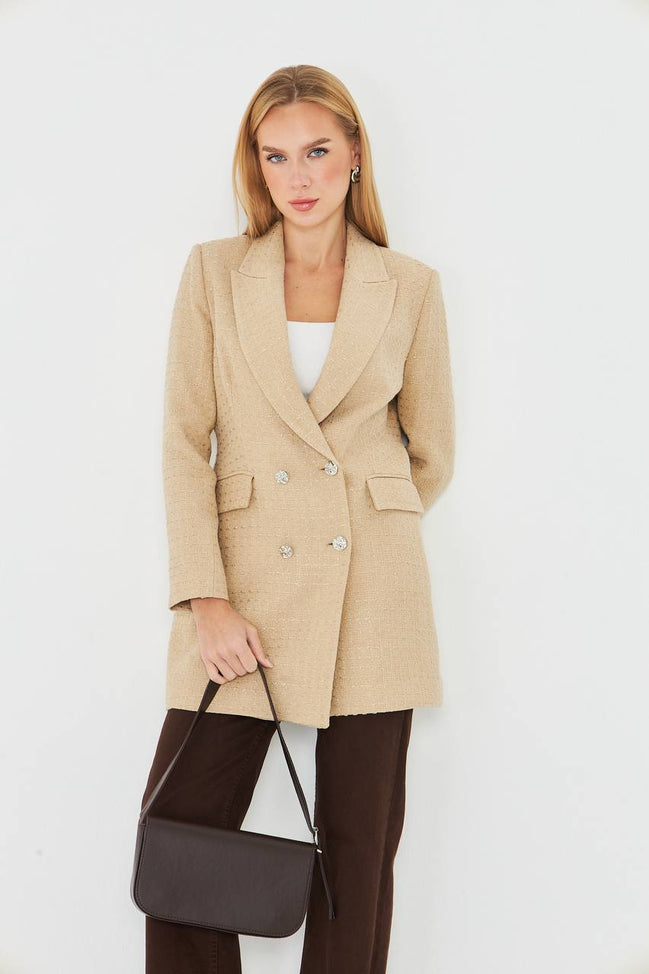 Plaid Women's Double Breasted Blazer Beige