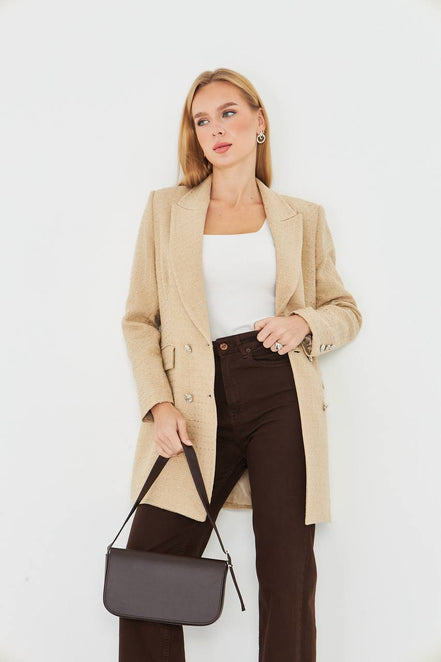 Plaid Women's Double Breasted Blazer Beige