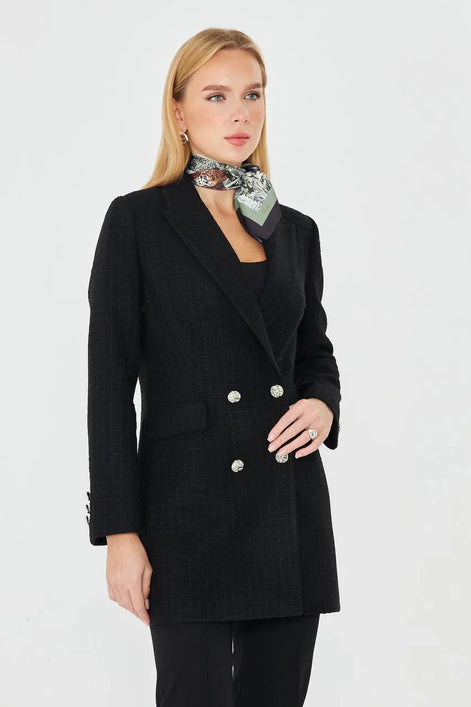 Plaid Women's Double Breasted Blazer Black