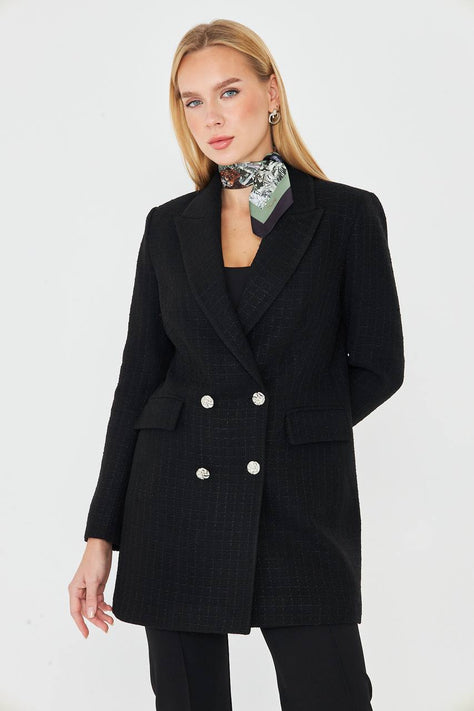 Plaid Women's Double Breasted Blazer Black