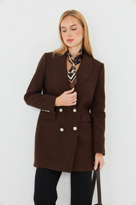 Plaid Women's Double Breasted Blazer Brown