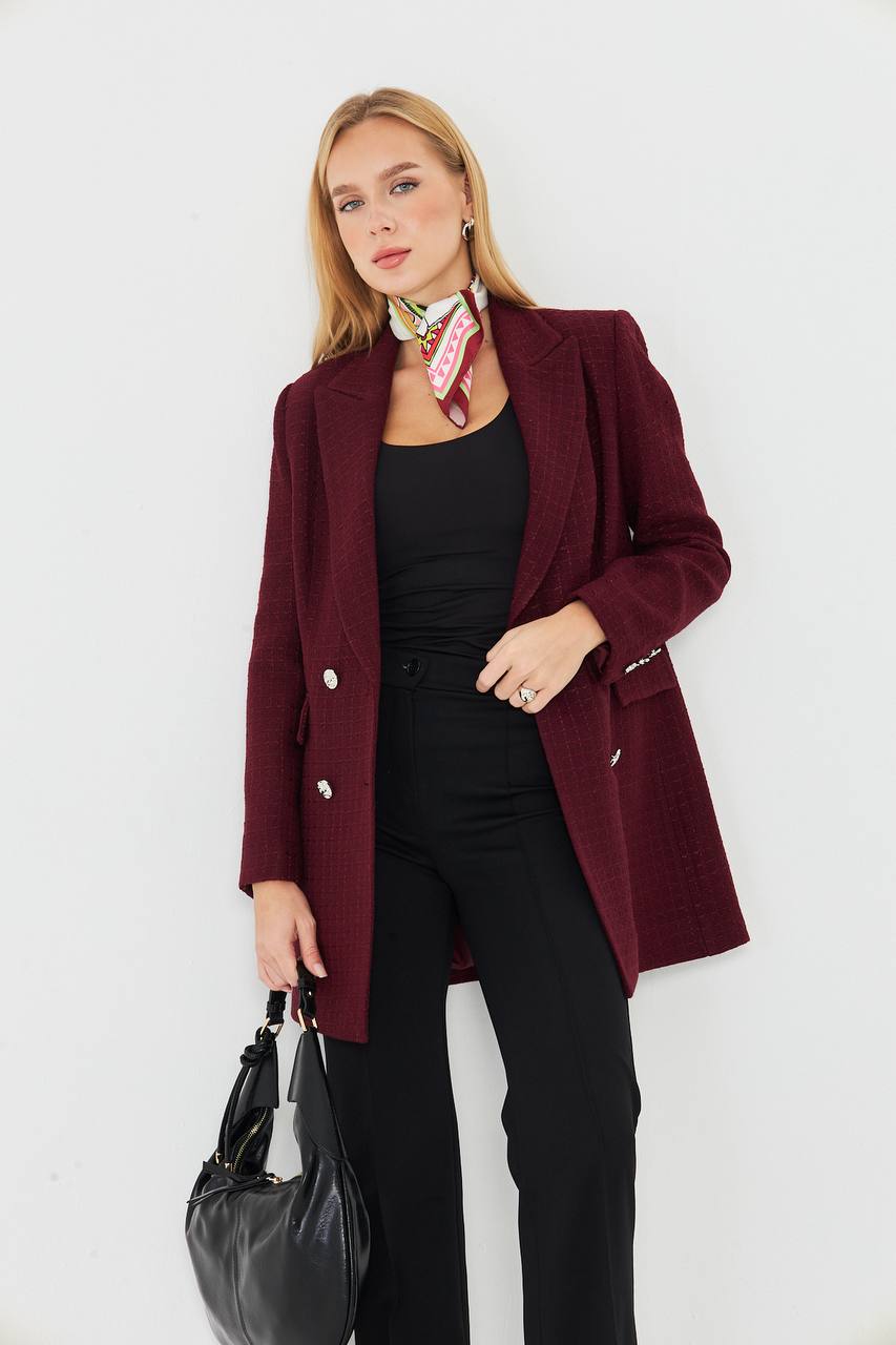 Plaid Women's Double Breasted Blazer Burgundy