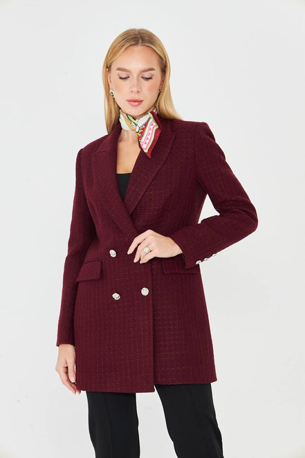 Plaid Women's Double Breasted Blazer Burgundy