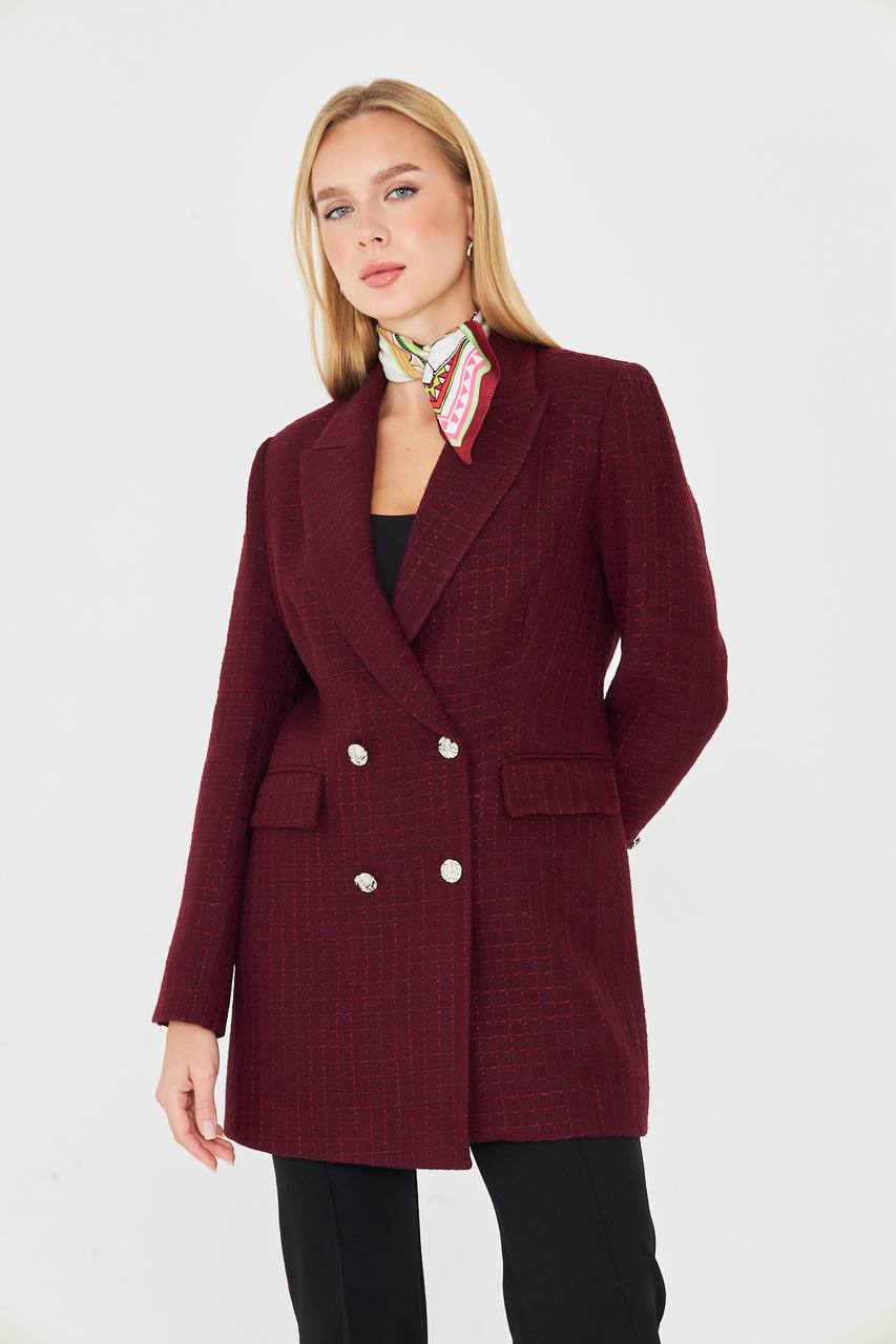 Plaid Women's Double Breasted Blazer Burgundy