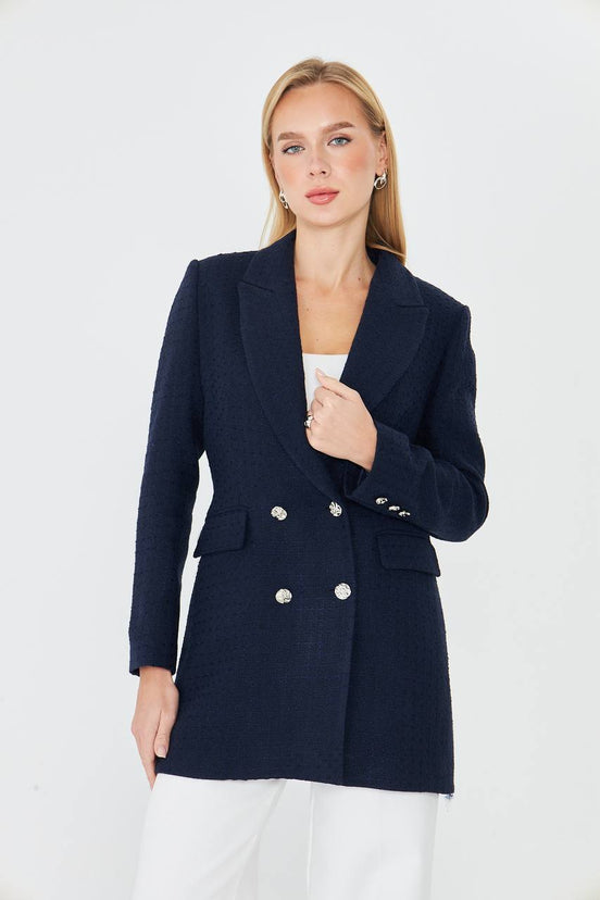 Plaid Women's Double Breasted Blazer Navy Blue