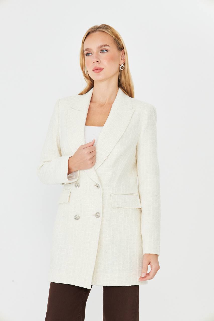 Plaid Women's Double Breasted Blazer Off White