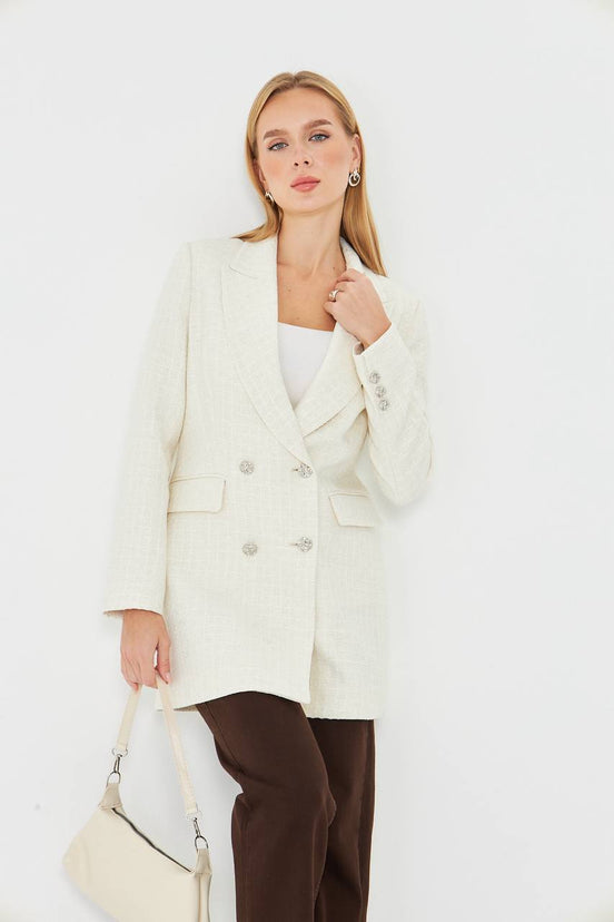 Plaid Women's Double Breasted Blazer Off White