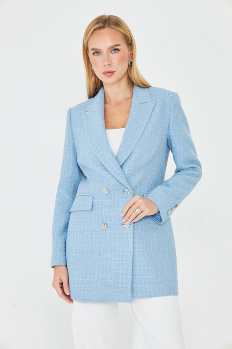 Plaid Women's Double Breasted Blazer Sky Blue