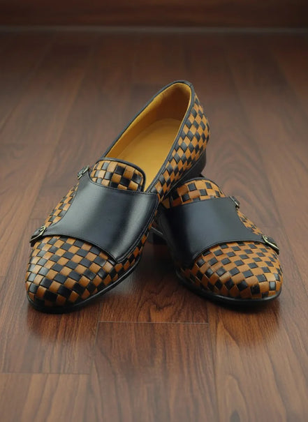 Yellow Black Leather Monk Strap Shoes