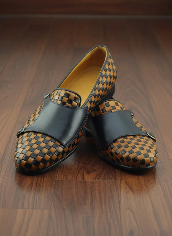 Yellow Black Leather Monk Strap Shoes