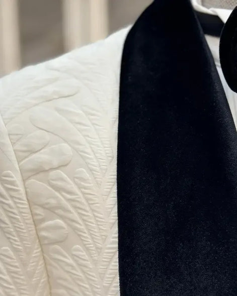 White quilted jacket with a black collar and button Men Tuxedo