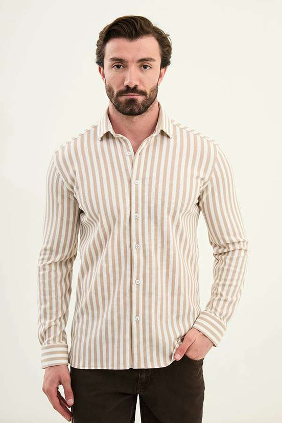 Cotton Vertical Striped Shirt Beige
