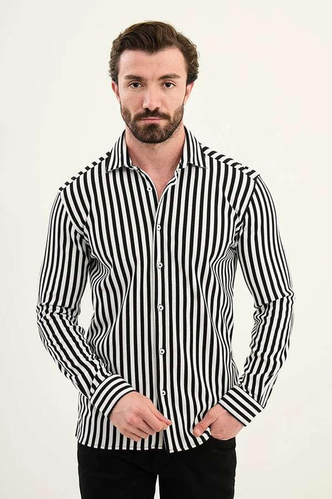 Cotton Vertical Striped Shirt - Black, Beige, Brown, Gray, Khaki, Navy