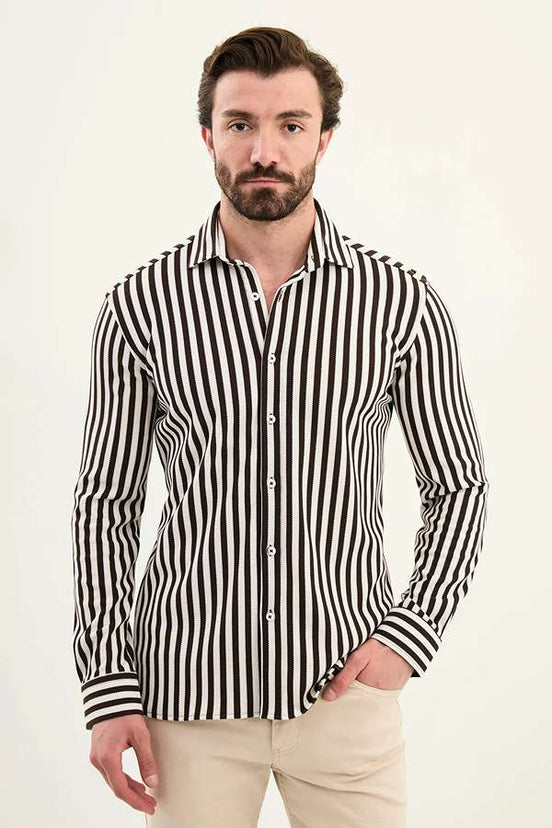 Cotton Vertical Striped Shirt Brown