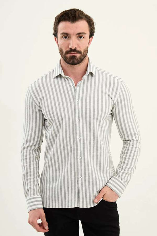 Cotton Vertical Striped Shirt Gray