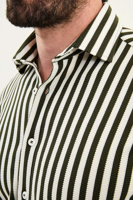Cotton Vertical Striped Shirt Khaki