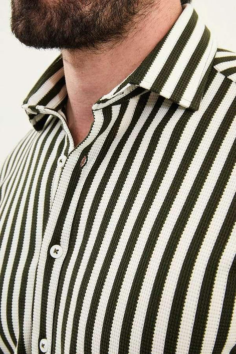 Cotton Vertical Striped Shirt - Black, Beige, Brown, Gray, Khaki, Navy