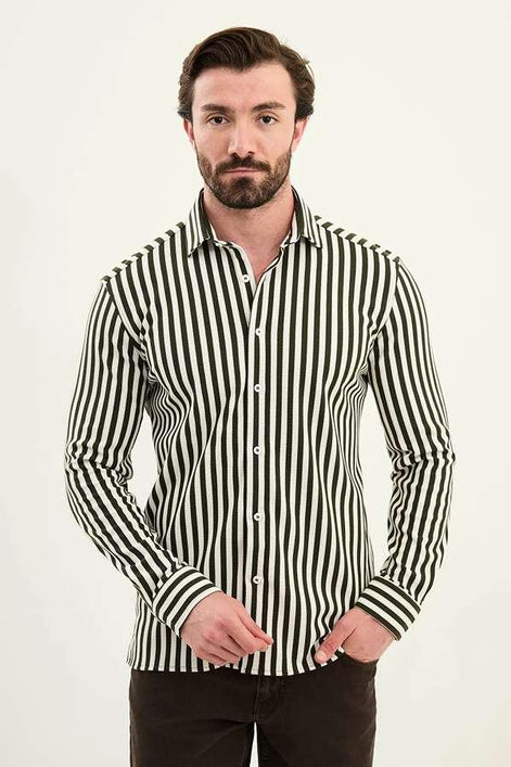 Cotton Vertical Striped Shirt - Black, Beige, Brown, Gray, Khaki, Navy -  GENT WITH