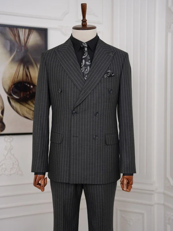 Double Breasted Pinstripe Suit Dark Gray