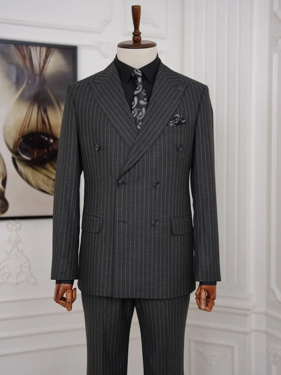 Double Breasted Pinstripe Suit Dark Gray