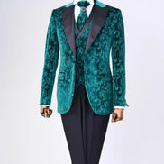 Teal velvet suit with black lapels with black pants