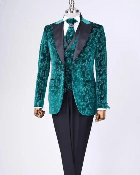 Teal velvet suit with black lapels with black pants
