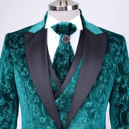 Green paisley suit with black lapels men tuxedo