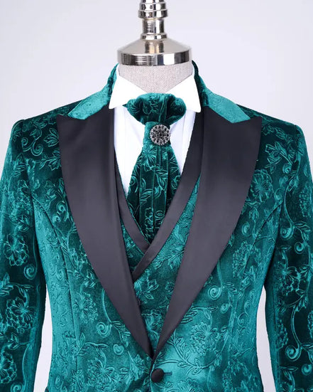 Green paisley suit with black lapels men tuxedo