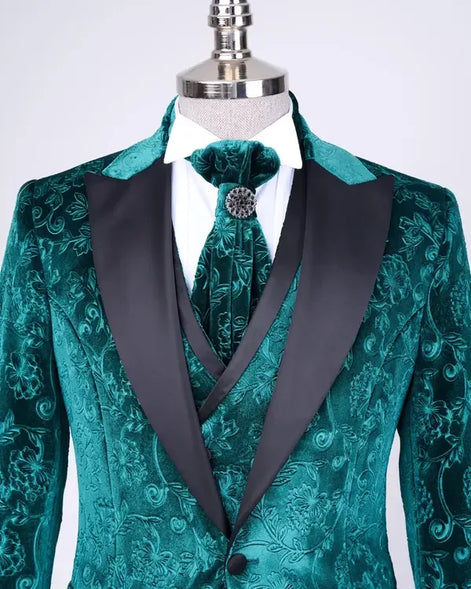 Green paisley suit with black lapels men tuxedo