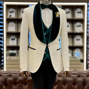 White tuxedo jacket with green vest and black pants men tuxedo